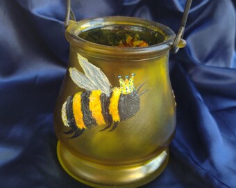 queen bee lantern, cottagecore yellow glass, painted glass, fae catcher, fairy decor