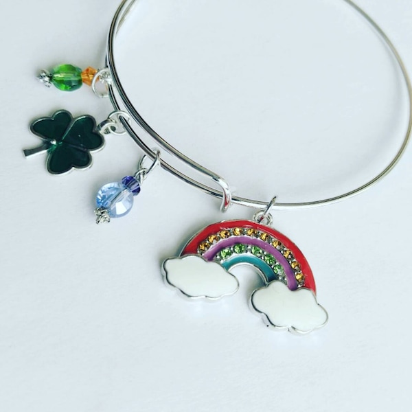 Rainbow Irish bangle charm bracelet, shamrock bracelet, expandable bangle charm bracelet