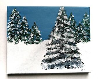 Original Acrylic Snowscape Painting: Evergreen Forest Scene (8x10)