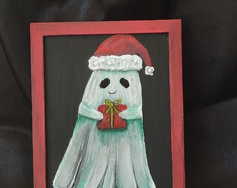 Santa Ghost acrylic painting, festive spirit acrylic painting, whimsical Christmas home decor, wall decor