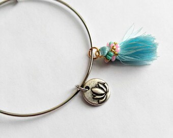 Lotus bracelet, tassel bracelet, yoga bangle bracelet, om bracelet, yoga bracelet, lotus flower, yogi accessory, turquoise bracelet