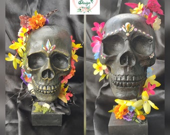 Skeleton decor, gothic decor, day of the dead decoration, skeleton head decoration, blooming skull head