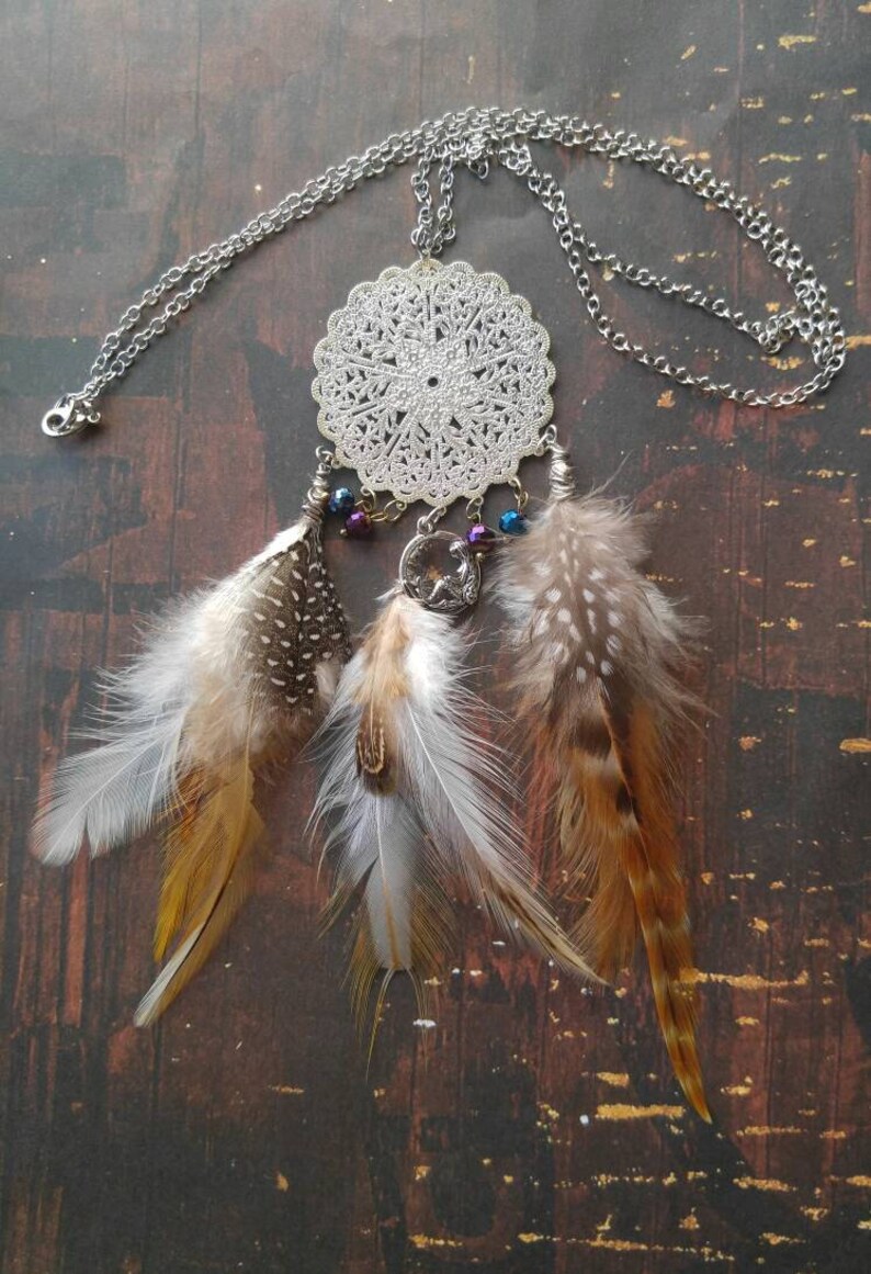 Dream Catcher Feather Necklace Mermaid and Crystal Pendant Etsy