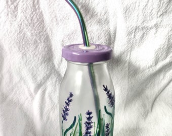 Hand-Painted Lavender Glass Milk Bottle with Metal Straw