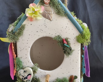 Gemstone Cottagecore Birdhouse Decor: Whimsical Fairy Garden Decoration