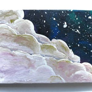 May include: A painting of a night sky with white clouds in the foreground. The sky is dark blue with white stars and a hint of green.