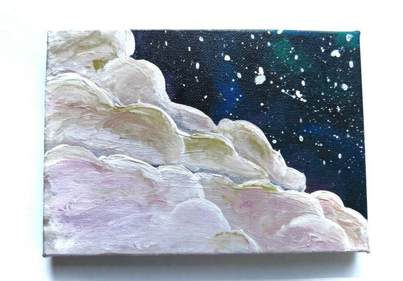 May include: A painting of a night sky with white clouds in the foreground. The sky is dark blue with white stars and a hint of green.