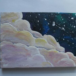 May include: A painting of a night sky with white clouds in the foreground and a dark blue background with white stars. The clouds are painted in a soft, fluffy style, and the stars are scattered randomly across the sky.