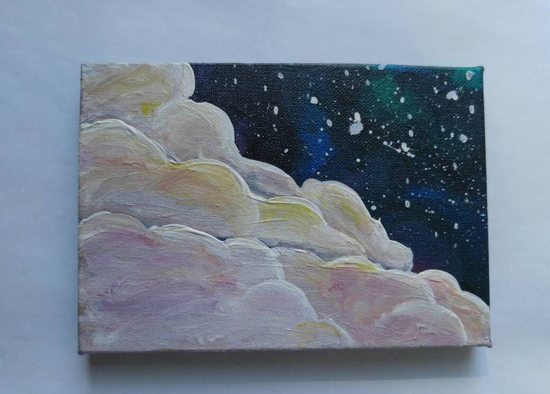 May include: A painting of a night sky with white clouds in the foreground and a dark blue background with white stars. The clouds are painted in a soft, fluffy style, and the stars are scattered randomly across the sky.
