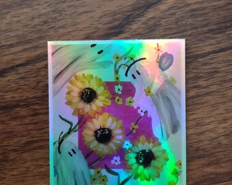 Bee Ghost Daisy Sticker: Glossy Holographic Waterproof Decal
