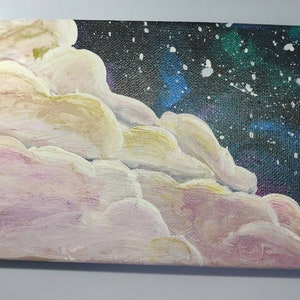 May include: A painting of a night sky with white clouds in the foreground. The sky is a dark blue with white stars and a hint of green.