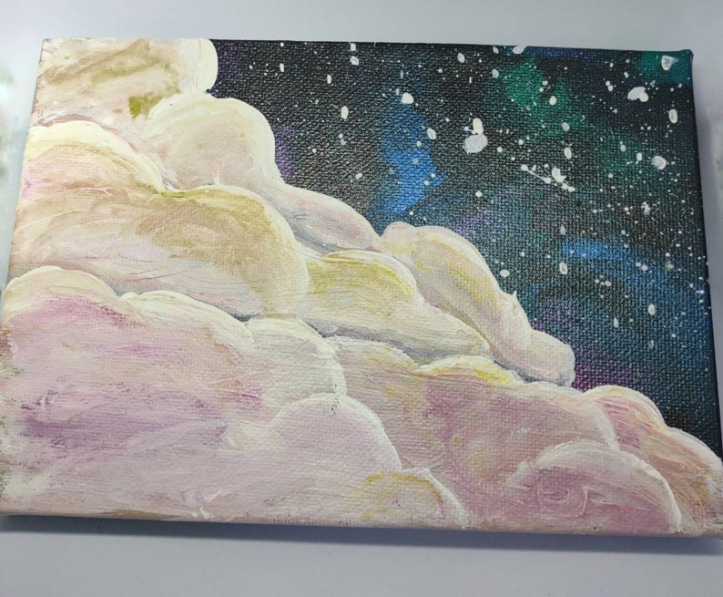 May include: A painting of a night sky with white clouds in the foreground. The sky is a dark blue with white stars and a hint of green.