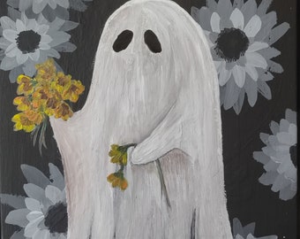 Whimsical Ghost Acrylic Painting: Daisy Wall Art (6x8)