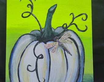Dragonfly and Pumpkin Acrylic Painting: Whimsical Home Decor (8x10 inch)