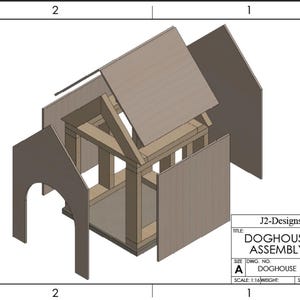 May include: A diagram showing the assembly of a doghouse. The design features a wooden frame with a pitched roof and side panels. The diagram includes the text "DOGHOUSE ASSEMBLY" and "J2-Designs".