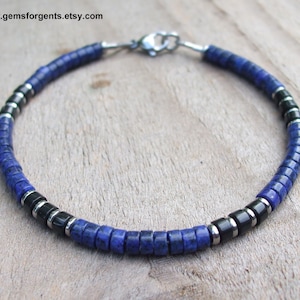 Dark Blue Lapis Lazuli and Black Onyx, Heishi Bracelet, Minimalist, Men&#39;s Beaded Bracelet, Stacking Bracelet, Men&#39;s Jewelry – B91