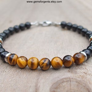 Golden Brown Tiger Eye and Black Onyx, Mens Beaded Bracelet, Mens Jewelry – B27