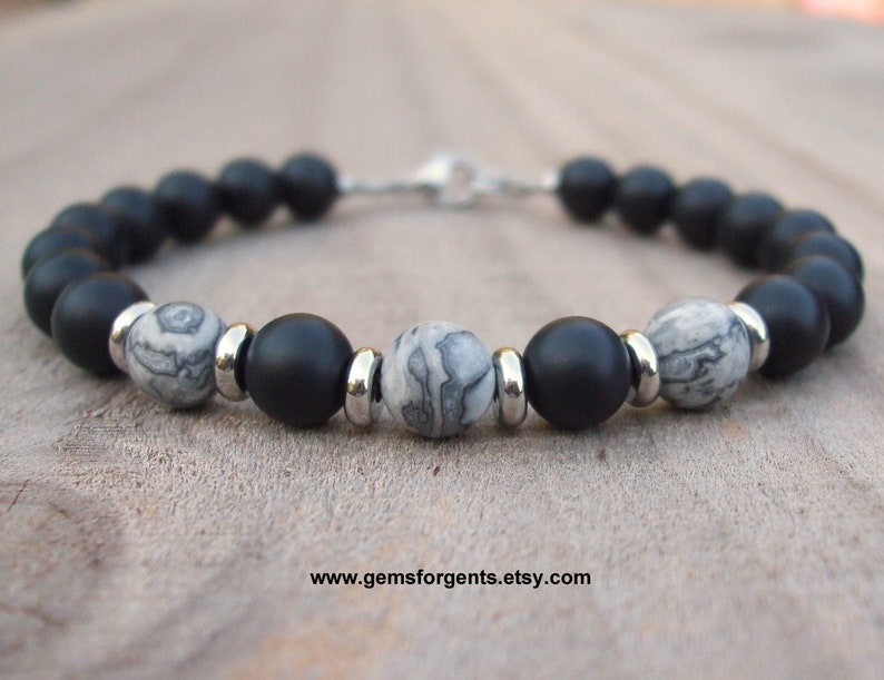 Mens Jewelry \u2013 B82 Frosted Matte Gray Picture Jasper and Matte Black Onyx Mens Matte Gray Map Jasper Beaded Bracelet Stacking Bracelet