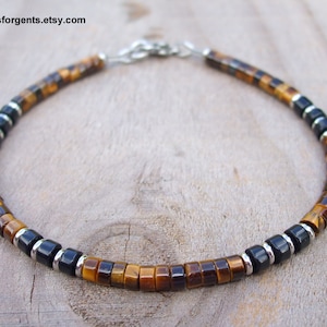 Golden Brown Tiger Eye and Black Onyx, Heishi Bracelet, Minimalist, Mens Beaded Bracelet, Stacking Bracelet, Mens Jewelry – B92