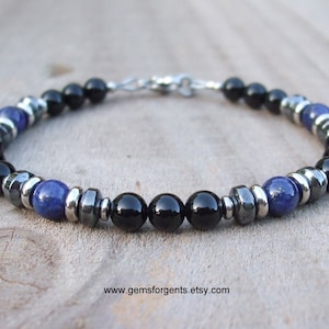 Dark Blue Lapis Lazuli, Black Onyx and Hematite, Mens Beaded Bracelet, Stacking Bracelets, Mens Jewelry - B3