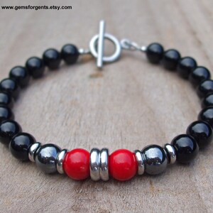 Red Bamboo Coral, Hematite, and Black Onyx and Hematite, Mens Minimalist Beaded Bracelet, Stacking Bracelet, Mens Jewelry – B72