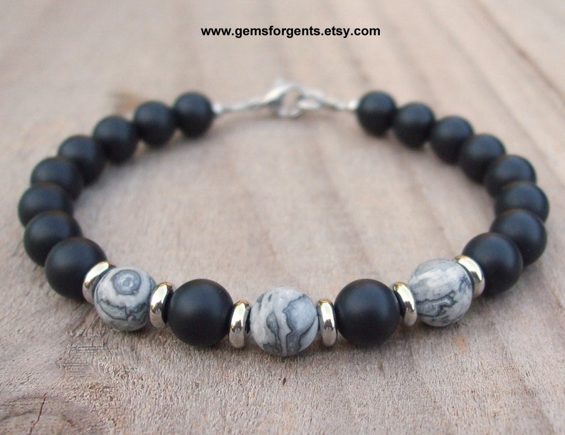 Mens Jewelry \u2013 B82 Frosted Matte Gray Picture Jasper and Matte Black Onyx Mens Matte Gray Map Jasper Beaded Bracelet Stacking Bracelet