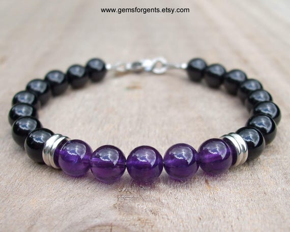 Purple Amethyst and Black Onyx Mens Beaded Bracelet Stacking | Etsy