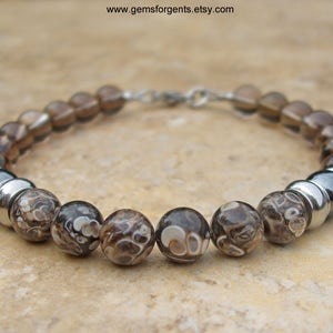 Turritella Fossilized Agate, Smoky Quartz and Hematite, Mens Beaded Bracelet, Stacking Bracelets, Mens Jewelry – B45