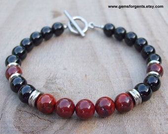 Red Apple Jasper and Black Onyx, Mens Beaded Bracelet, Stacking Bracelet, Mens Jewelry – B86