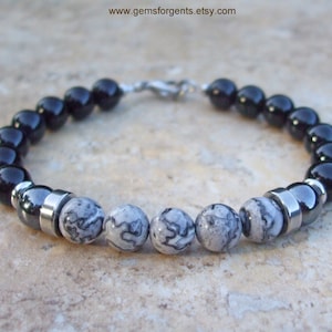 Carte grise Jaspe, Hématite et Onyx noir, Bracelet perlé en jaspe gris pour hommes, Bracelets empilables, Bijoux pour hommes – B50