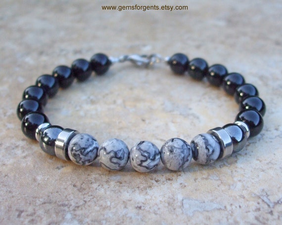 Mens Jewelry \u2013 B82 Frosted Matte Gray Picture Jasper and Matte Black Onyx Mens Matte Gray Map Jasper Beaded Bracelet Stacking Bracelet