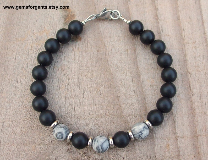 Mens Jewelry \u2013 B82 Frosted Matte Gray Picture Jasper and Matte Black Onyx Mens Matte Gray Map Jasper Beaded Bracelet Stacking Bracelet