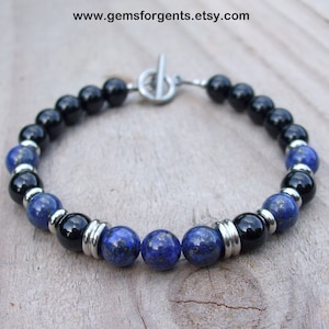 Dark Blue Lapis Lazuli and Black Onyx, Mens Beaded Bracelet, Stacking Bracelets, Mens Jewelry – B43