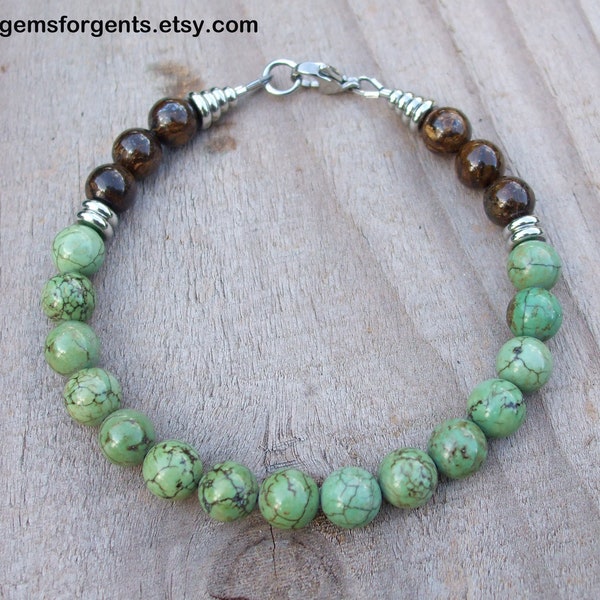 Green Magnesite and Brown Bronzite, Men’s Beaded Bracelet, Stacking Bracelet, Southwestern,  Men’s Jewelry - B1