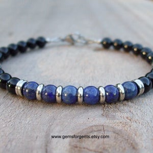 Lapislázuli azul oscuro y ónix negro, pulsera de cuentas para hombres, pulseras apilables, joyería para hombres – B49