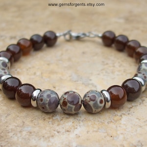 Brown and Gray Orbicular Jasper and Coffee Brown Agate, Mens Beaded Bracelet, Stacking Bracelets, Mens Jewelry – B59