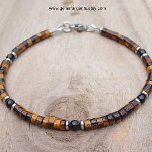 Oeil de tigre brun doré et onyx noir, bracelet Heishi, minimaliste, bracelet de perles pour homme, bracelet empilable, bijoux pour homme - B99