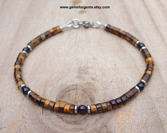 Golden Brown Tiger Eye and Black Onyx, Heishi Bracelet, Minimalist, Men’s Beaded Bracelet, Stacking Bracelet, Men’s Jewelry - B99