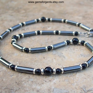 Gray Hematite and Black Onyx, Mens Beaded Necklace, Mens Jewelry – N66