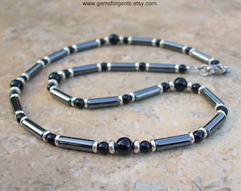 Gray Hematite and Black Onyx, Mens Beaded Necklace, Mens Jewelry – N66