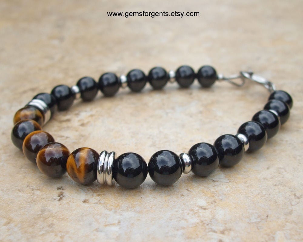 Golden Brown Tiger Eye and Black Onyx Mens Beaded Bracelet - Etsy