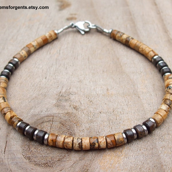 Picture Jasper and Brown Bronzite Heishi Bracelet, Minimalist, Men’s Beaded Bracelet, Stacking Bracelet, Southwestern, Men’s Jewelry - B96