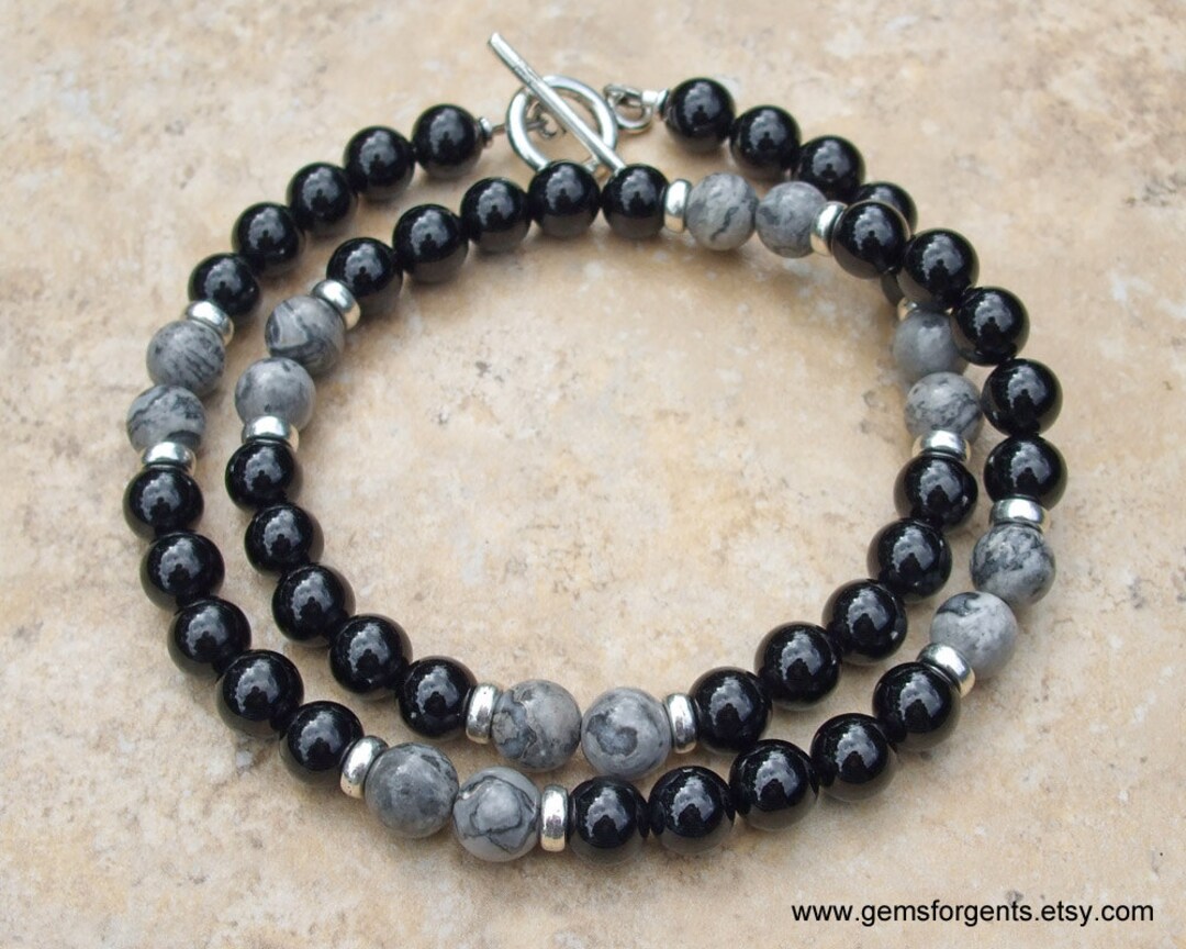 Gray Map Jasper and Black Onyx, Men's Gray Picture Jasper Beaded