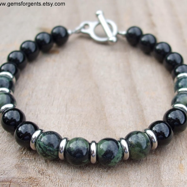 Green African Kambaba Jasper and Black Onyx, Mens Beaded Bracelet, Stacking Bracelets, Mens Jewelry – B19