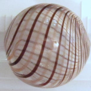 May include: A round, translucent object with a striped pattern. The stripes are dark brown and curve around the sphere, creating a grid-like effect. The object has a glossy finish and reflects light.