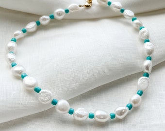 Freshwater Pearl and Turquoise Seed Bead Necklace