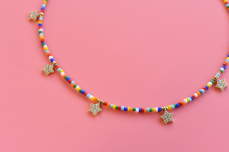 Rainbow Seed Bead Star Necklace image 1