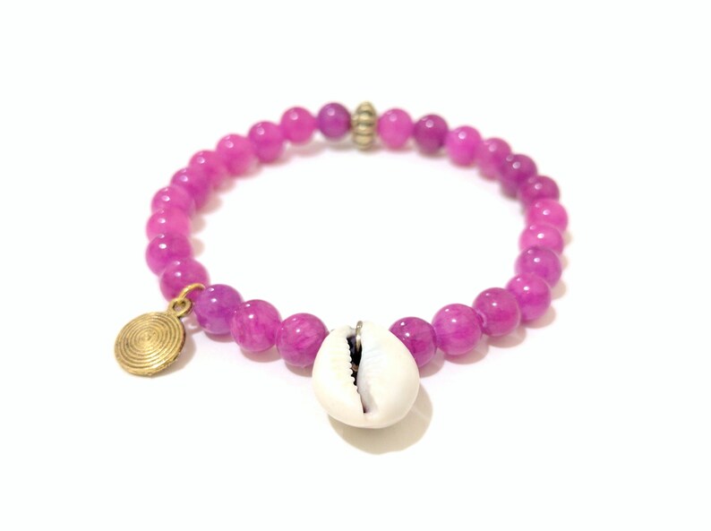 Green Dyed Jade Beaded Charm Bracelet with Pink Tassel