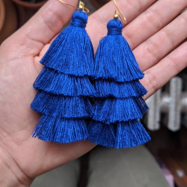 Blue Tassel Statement Earrings