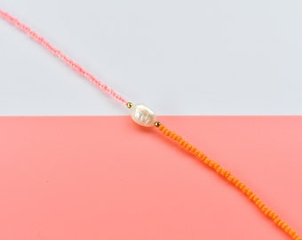 Pink and Orange Pearl Seed Bead Necklace